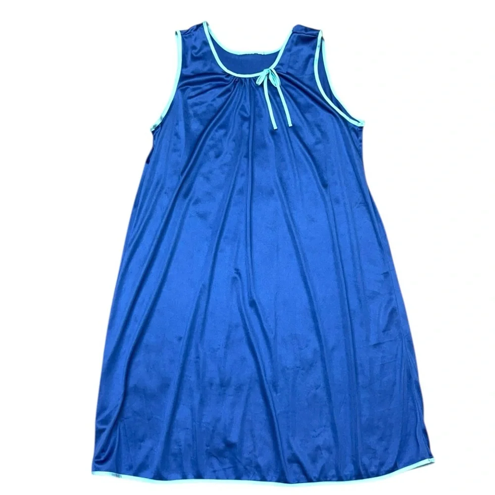 Vintage Blue Nylon Maxi Dress Sleeveless Lounge Nightgown L/XL Retro Sleepwear - Picture 10 of 10
